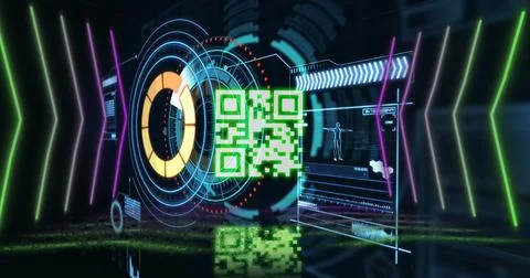 Image of neon qr code with lines over data processing and scope scanning on Stock Illustration