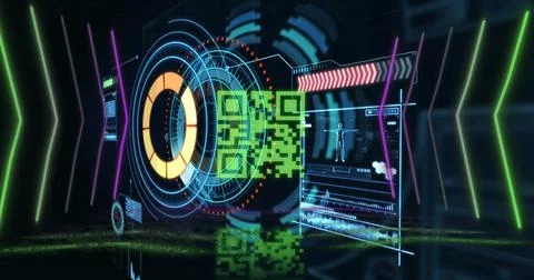 Image of neon qr code with lines over data processing and scope scanning on Stock Illustration