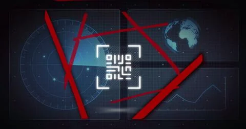 Image of neon qr code with lines over data processing and scope scanning on Stock Illustration