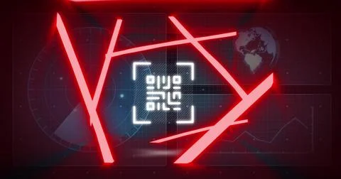 Image of neon qr code with lines over data processing and scope scanning on Stock Illustration