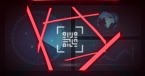 Image of neon qr code with lines over data processing and scope scanning on Stock Illustration