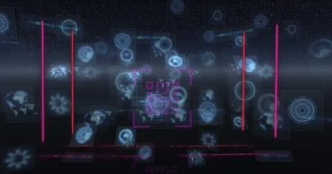 Image of neon qr code with lines over data processing and scope scanning on Stock Illustration