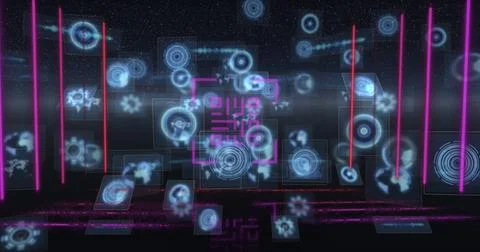 Image of neon qr code with lines over data processing and scope scanning on Stock Illustration