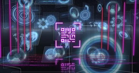 Image of neon qr code with lines over data processing and scope scanning on Stock Illustration