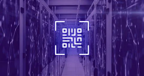 Image of neon qr code over server room in violet Stock Illustration