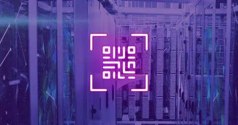 Image of neon qr code over server room in violet Stock Photos