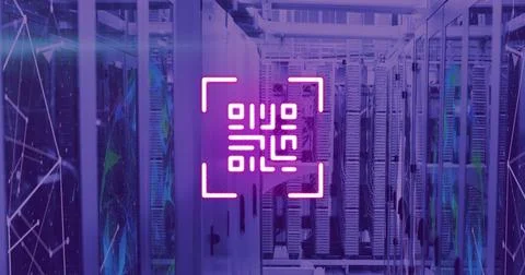 Image of neon qr code over server room in violet Foto stock