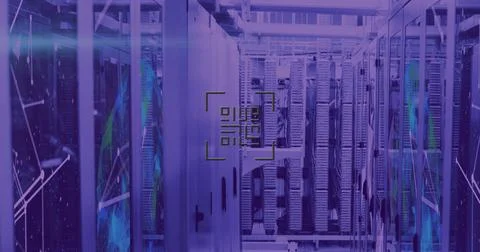 Image of neon qr code over server room in violet 库存照片