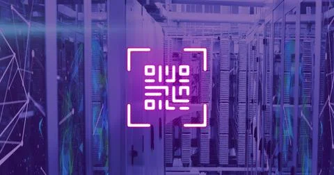 Image of neon qr code over server room in violet Stockfoto's