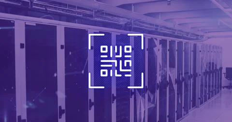 Image of neon qr code over server room in violet 库存照片