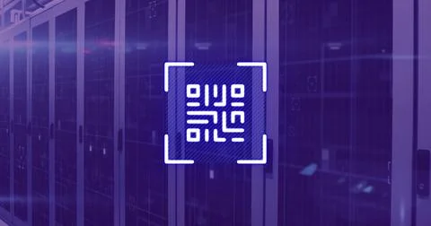 Image of neon qr code over server room in violet 库存照片