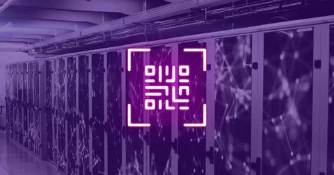 Image of neon qr code over server room in violet Stockfoto's