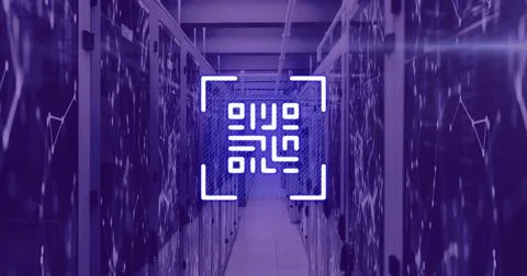 Image of neon qr code over server room in violet Stock Photos
