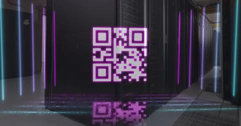 Image of neon qr code scanner against computer server room 스톡 사진