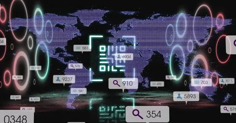 Image of neon qr code scanner and social media icons against world map on black Foto stock