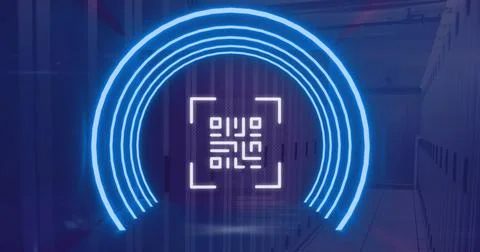 Image of neon qr code scanner and data processing against computer server roo 스톡 사진