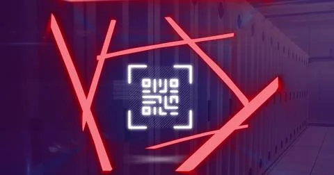 Image of neon qr code scanner and data processing against computer server roo Foto stock