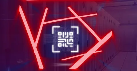 Image of neon qr code scanner and data processing against computer server roo Foto stock