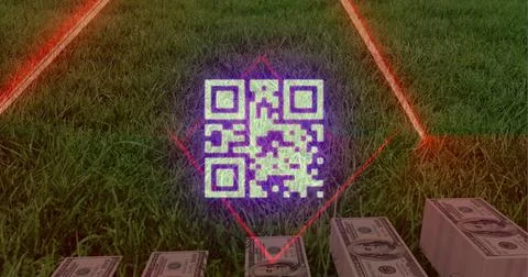 Image of neon qr code scanner and light trails against stack of dollar bills on Stockfoto's