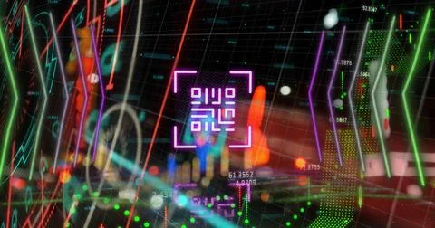 Image of neon qr code scanner and financial data processing against night c.. Foto stock