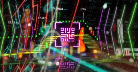 Image of neon qr code scanner and financial data processing against night c.. Stock-Fotos