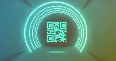 Image of neon qr code scanner and light trails against blue background 库存照片