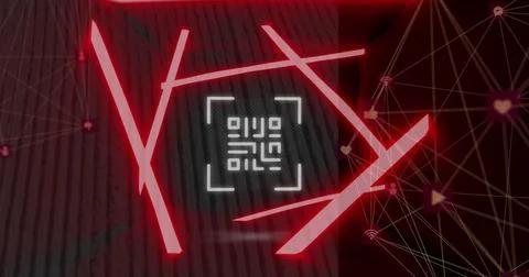 Image of neon qr code scanner and globes of digital icons spinning against tall Stock Photos