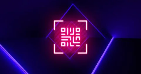 Image of neon qr code with shapes over black background 스톡 일러스트