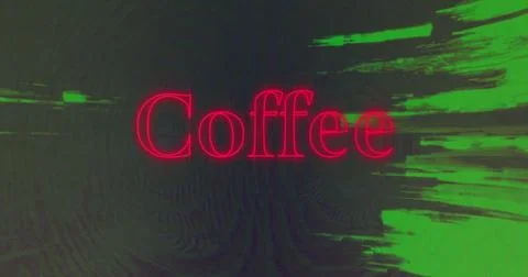 Image of neon red coffee text banner over green digital waves against black.. Stock Photos