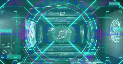 Image of neon round scanner and interface against screens with medical data Stock Illustration