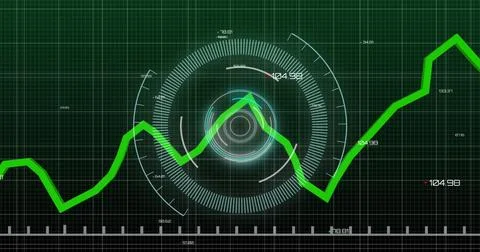 Image of neon round scanner and statistical data processing against green Stock Illustration