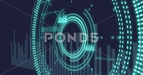 Image of neon round scanner and statistical data processing against blue 库存插图