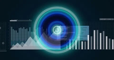 Image of neon round scanner over statistical data processing against blue Stock Illustration