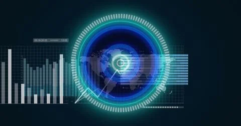 Image of neon round scanner over statistical data processing against blue Stock Illustration