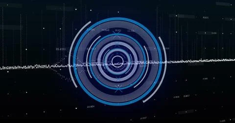 Image of neon round scanner over data processing against black background Stock Photos