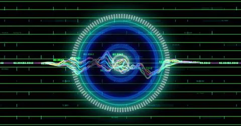 Image of neon round scanner over data processing against black background Stock Photos