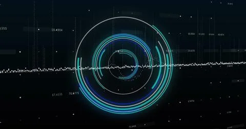 Image of neon round scanner over data processing against black background Stock Photos