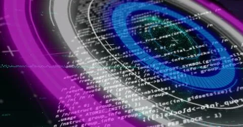 Image of neon round scanner spinning over data processing against black Illustrazione stock