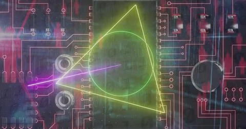 Image of neon scope, digital data processing over computer circuit board Stock Photos