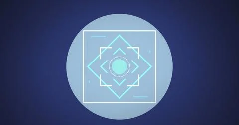 Image of neon scope scanning over grey round banner against copy space on blue Stock Photos