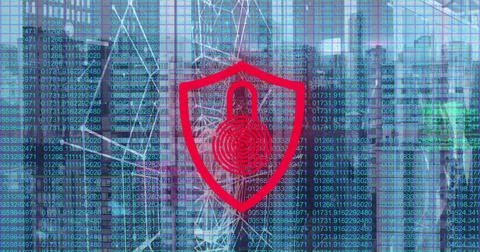 Image of neon security icon with network connecting dots, coding against Foto stock