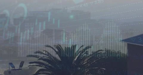 Image of neon shape in seamless pattern and data processing against aerial view Fotos de archivo