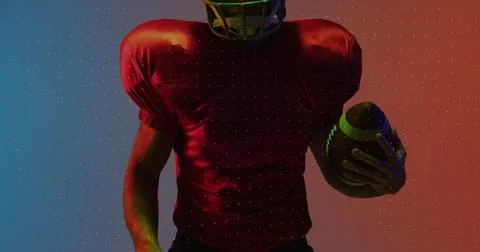 Image of neon shapes and data processing over american football player 스톡 일러스트