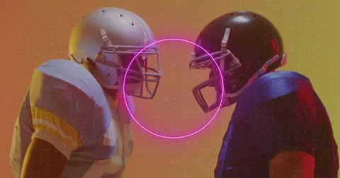 Image of neon shapes and data processing over caucasian american football player 스톡 일러스트