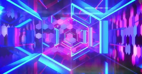Image of neon shapes moving over digital tunnel Stockillustratie