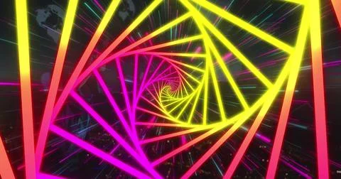 Image of neon shapes over data processing and light trails on black background Stock Photos