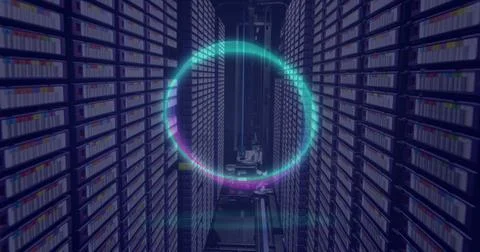 Image of neon shapes over server room Stock Photos