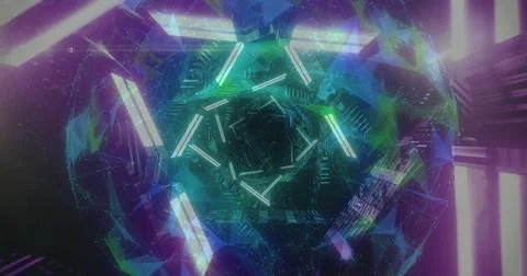 Image of neon shapes rotating over globe Illustrazione stock