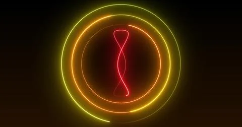 Image of neon sign with red loop and yellow to green circles on black background Stock Illustration