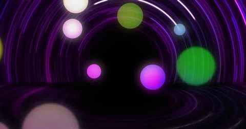 Image of neon spots moving over blue spiral Ilustração Stock